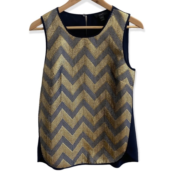 J. CREW Metallic Gold, Navy Blue, Sleeveless Blouse with Chevron Print Design - Picture 2 of 6